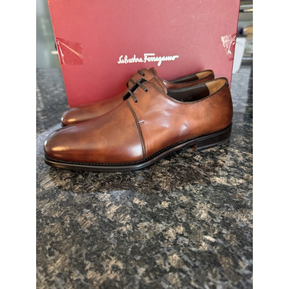 Salvatore Ferragamo Tramezza Brown‎ Leather Derby Shoes Mens 8 EE Made in Italy